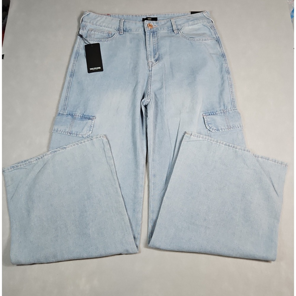 True Religion Womens Light Wash Bobbi Baggy Cargo Jeans Size 31 NWT